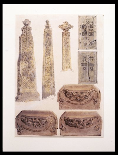 Acht studies van kruisen, brassen en misericords uit Whalley Church, Whalley, Lancashire door Joseph Mallord William Turner